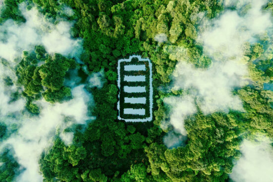 concept depicting new possibilities development ecological battery technologies green energy storage form battery shaped pond located lush forest 3d rendering