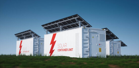 solar container unit 3d rendering concept white industrial battery energy storage container with mounted black solar panels situated fresh green grass late sunny weather