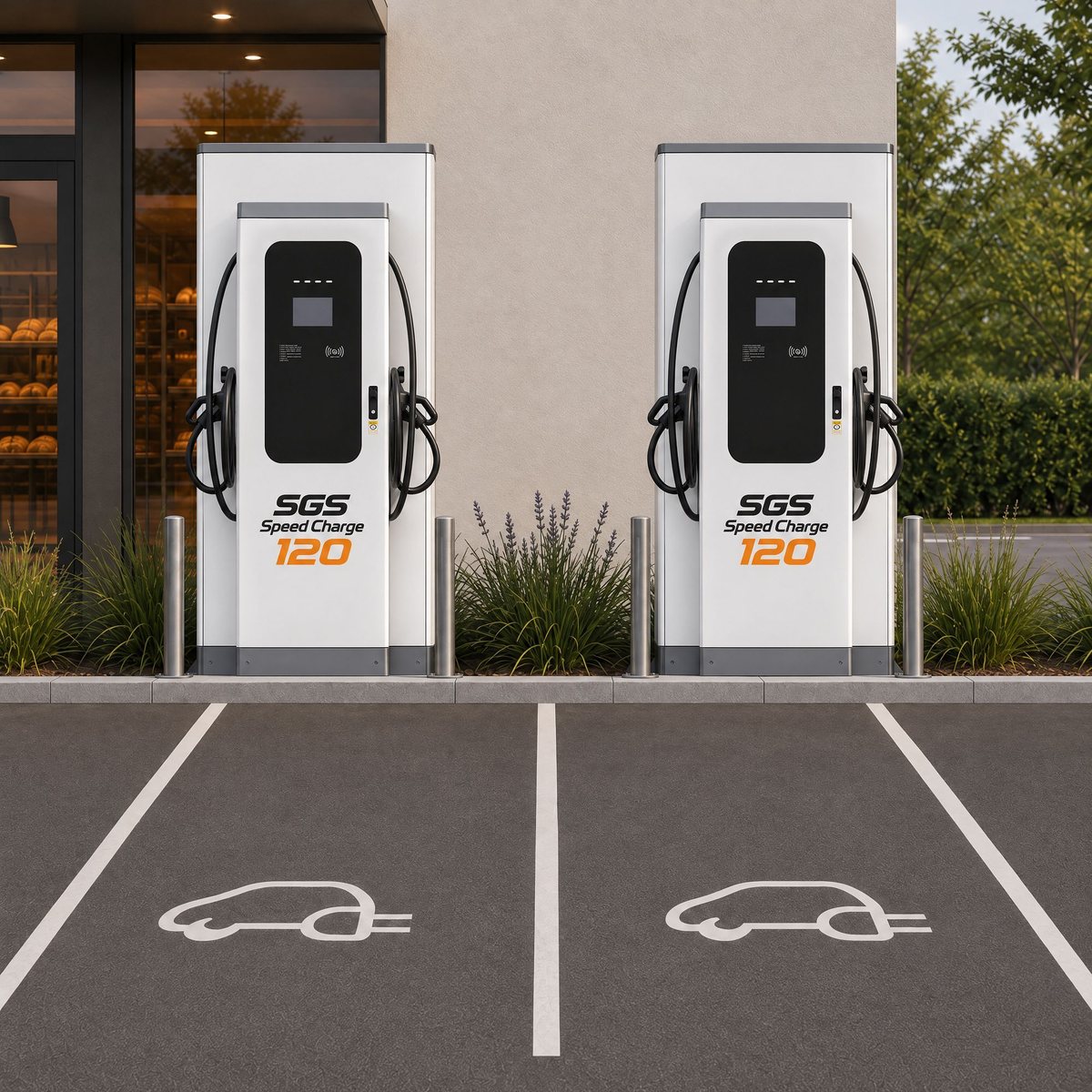 Zwei SGS Speedcharge 120 Ladesäulen vor einem Geschäft