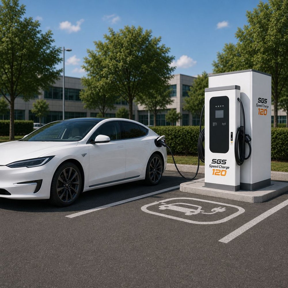 Eine SGS Speedcharge 120 Ladesäule auf einem Parkplatz