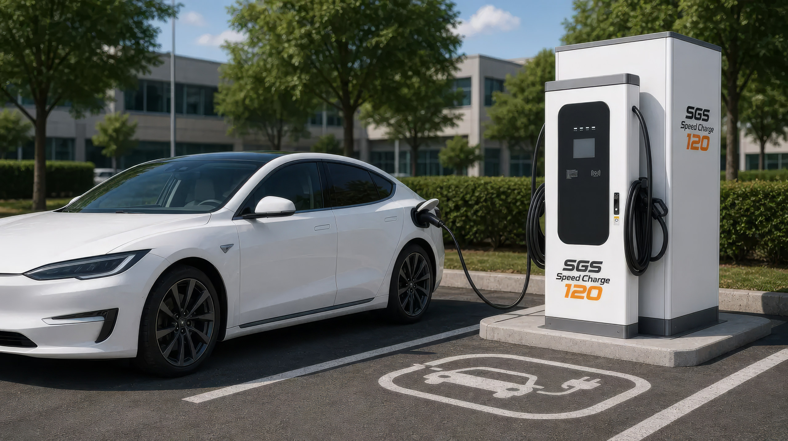 SGS Speedcharge 120 Ladesäule mit Elektroauto auf einem Firmenparkplatz