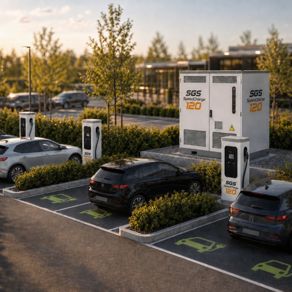 Ladepark mit mehreren Ladesäulen und Batteriecontainer